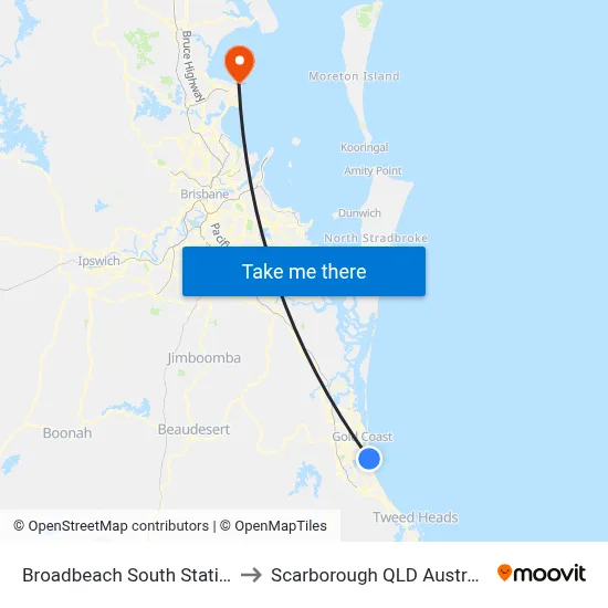Broadbeach South Station to Scarborough QLD Australia map