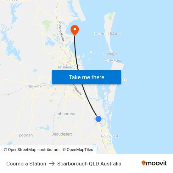 Coomera Station to Scarborough QLD Australia map