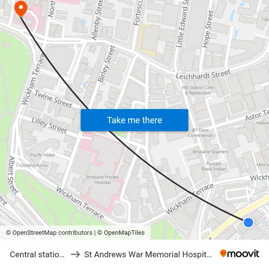 Central station platform 6 to St Andrews War Memorial Hospital Administration Building map