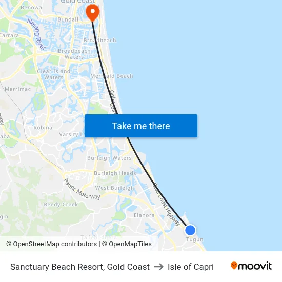Sanctuary Beach Resort, Gold Coast to Isle of Capri map