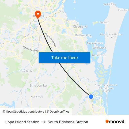 Hope Island Station to South Brisbane Station map