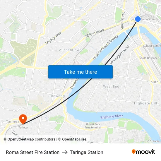Roma Street Fire Station to Taringa Station map