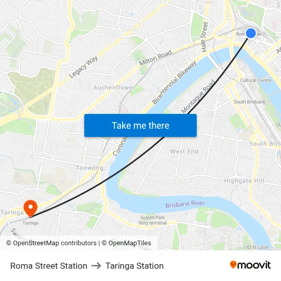 Roma Street Station to Taringa Station map