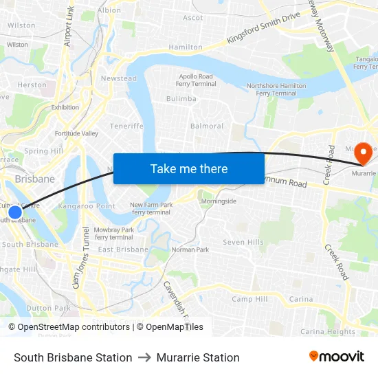 South Brisbane Station to Murarrie Station map