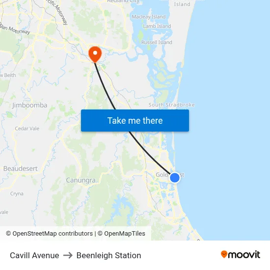 Cavill Avenue to Beenleigh Station map