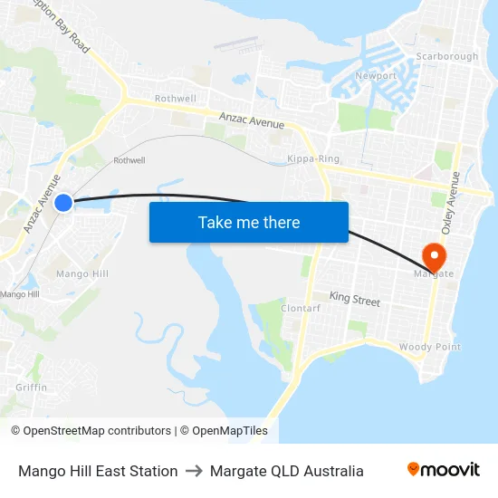 Mango Hill East Station to Margate QLD Australia map
