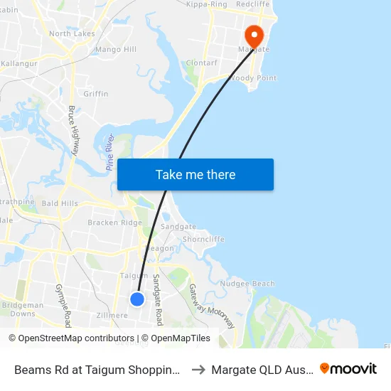 Beams Rd at Taigum Shopping Centre to Margate QLD Australia map