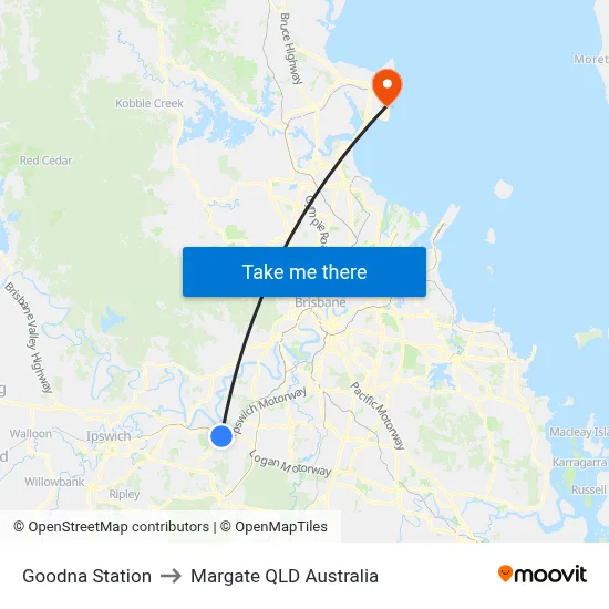 Goodna Station to Margate QLD Australia map