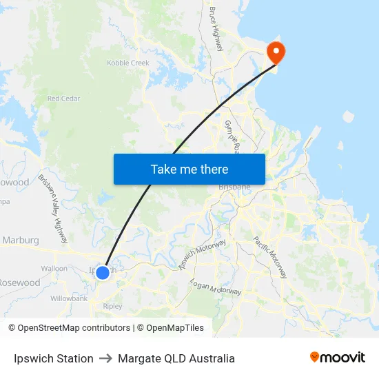 Ipswich Station to Margate QLD Australia map