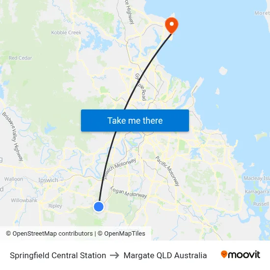 Springfield Central Station to Margate QLD Australia map