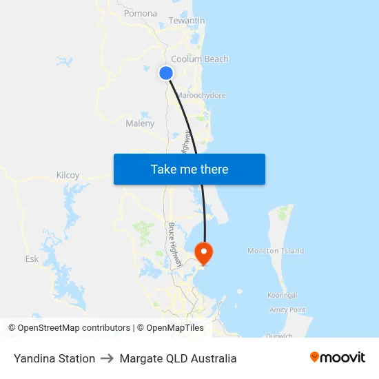 Yandina Station to Margate QLD Australia map