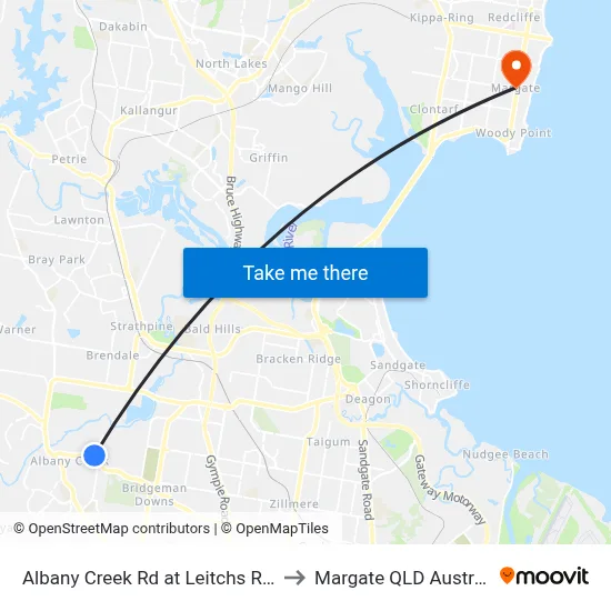 Albany Creek Rd at Leitchs Road to Margate QLD Australia map
