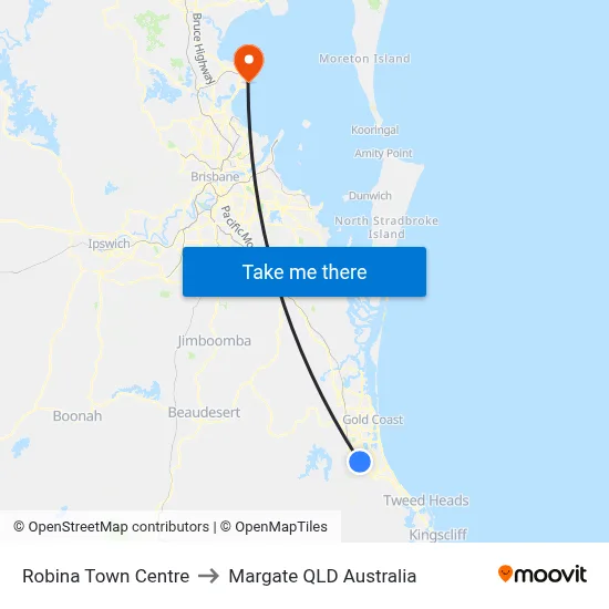 Robina Town Centre to Margate QLD Australia map
