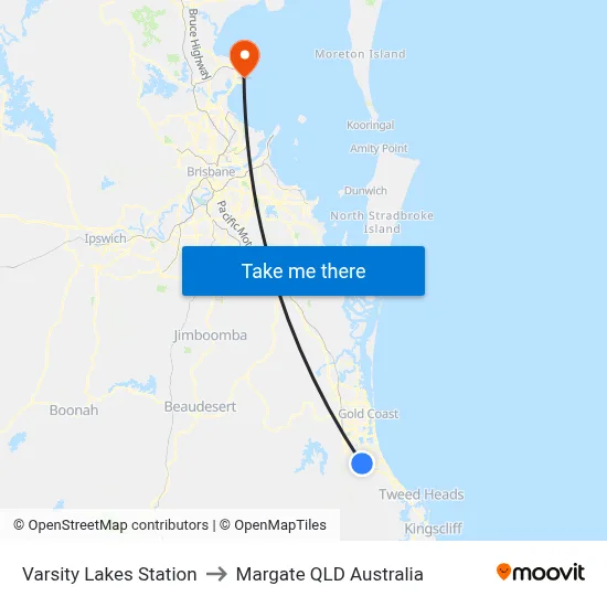 Varsity Lakes Station to Margate QLD Australia map