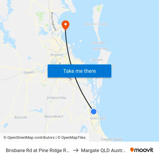 Brisbane Rd at Pine Ridge Road to Margate QLD Australia map
