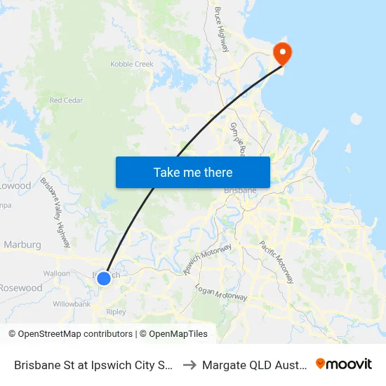 Brisbane St at Ipswich City Square to Margate QLD Australia map