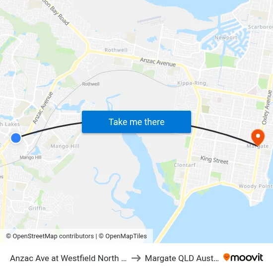 Anzac Ave at Westfield North Lakes to Margate QLD Australia map