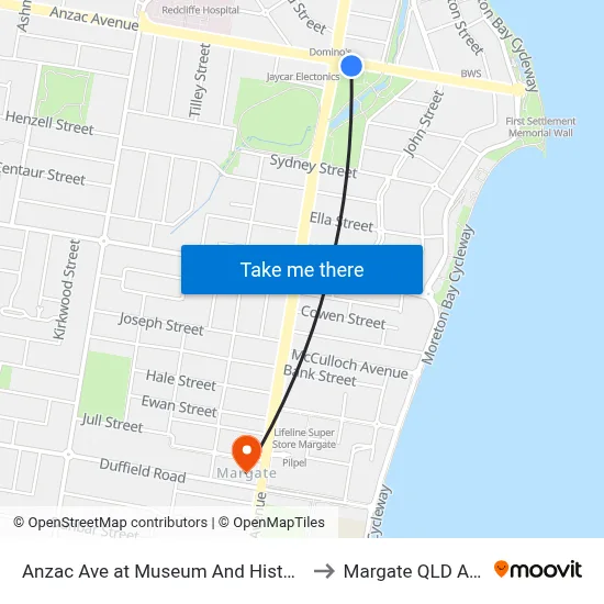 Anzac Ave at Museum And Historical Society to Margate QLD Australia map