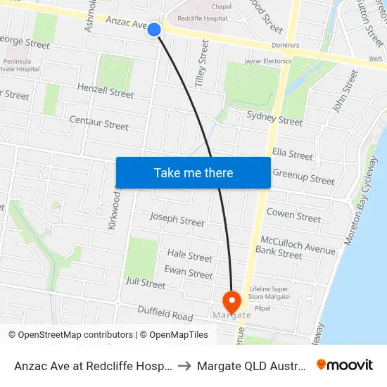 Anzac Ave at Redcliffe Hospital to Margate QLD Australia map