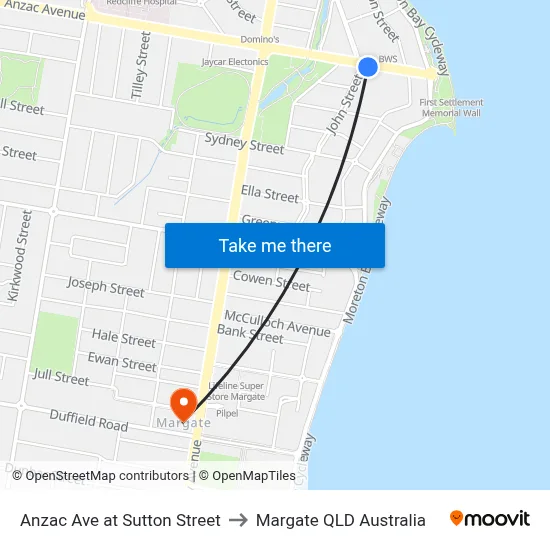 Anzac Ave at Sutton Street to Margate QLD Australia map