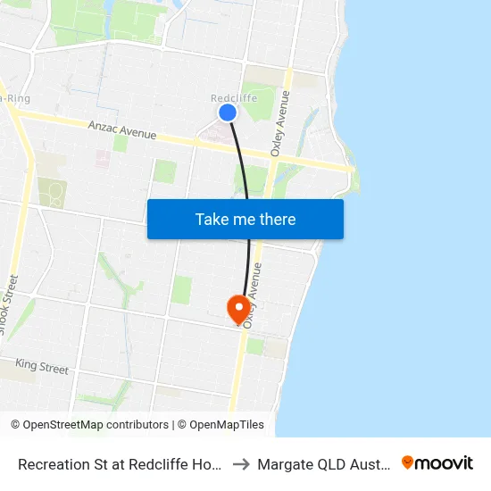 Recreation St at Redcliffe Hospital to Margate QLD Australia map