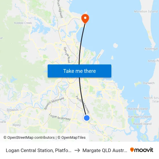 Logan Central Station, Platform 1 to Margate QLD Australia map