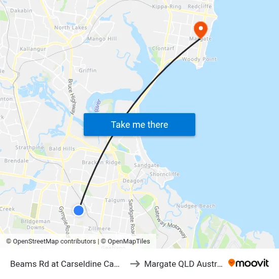 Beams Rd at Carseldine Campus to Margate QLD Australia map