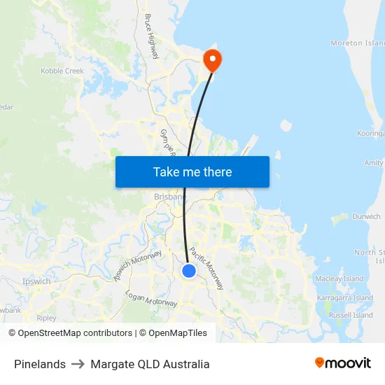 Pinelands to Margate QLD Australia map