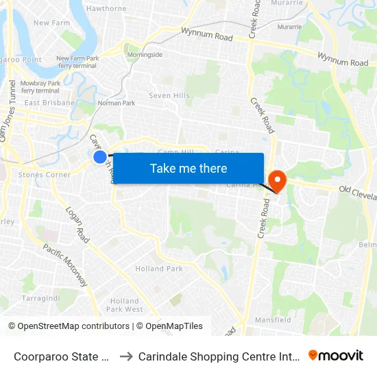 Coorparoo State School to Carindale Shopping Centre Interchange map