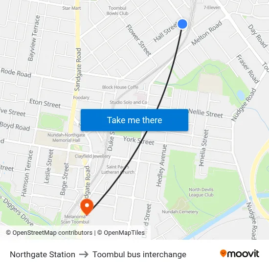 Northgate Station to Toombul bus interchange map