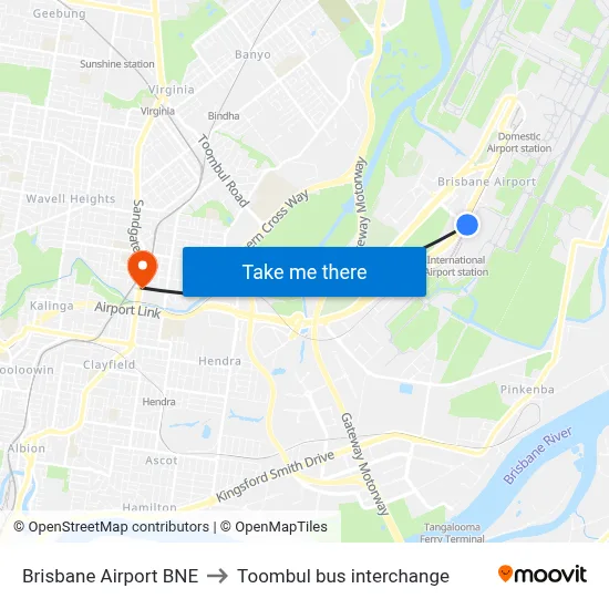 Brisbane Airport BNE to Toombul bus interchange map