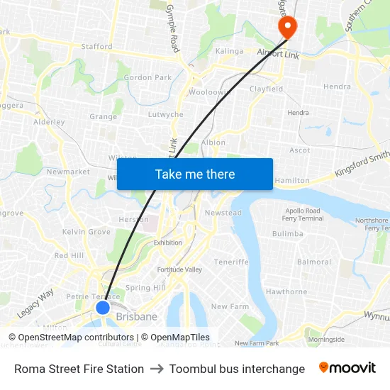 Roma Street Fire Station to Toombul bus interchange map
