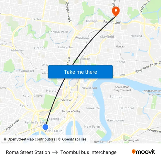 Roma Street Station to Toombul bus interchange map