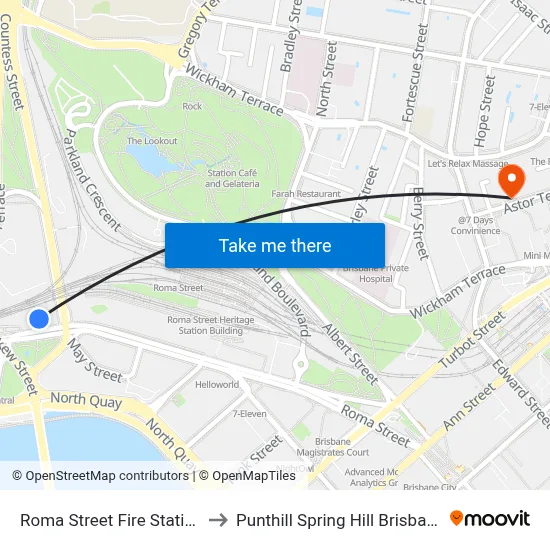 Roma Street Fire Station to Punthill Spring Hill Brisbane map