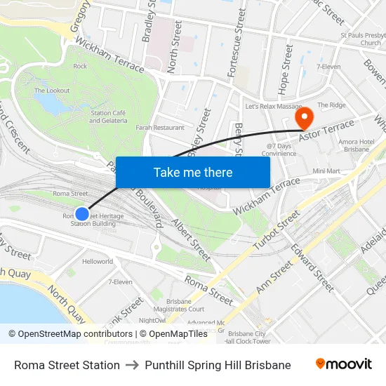 Roma Street Station to Punthill Spring Hill Brisbane map