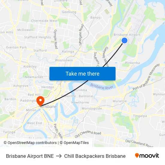 Brisbane Airport BNE to Chill Backpackers Brisbane map