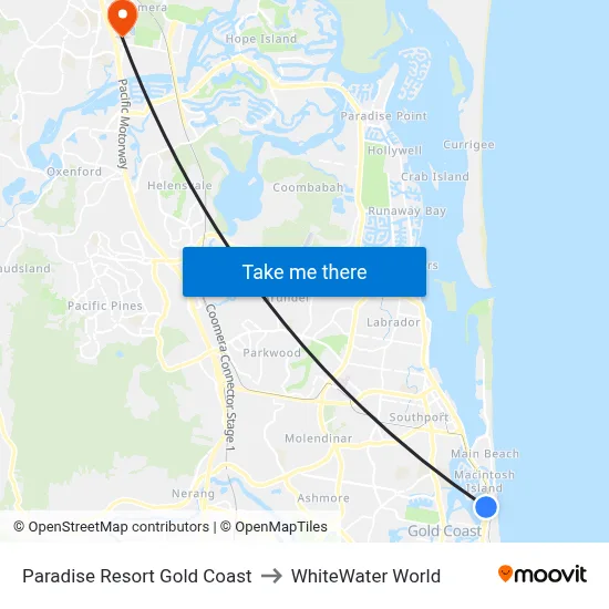 Paradise Resort Gold Coast to WhiteWater World map