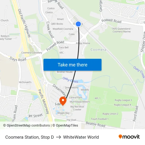 Coomera Station, Stop D to WhiteWater World map