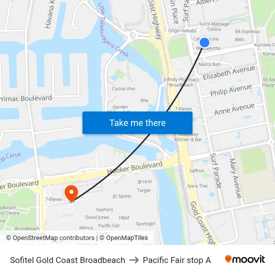 Sofitel Gold Coast Broadbeach to Pacific Fair stop A map