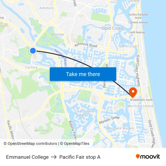 Emmanuel College to Pacific Fair stop A map