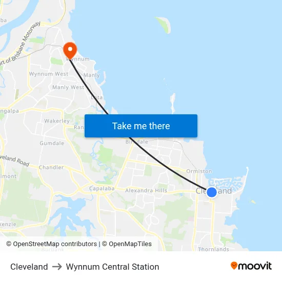 Cleveland to Wynnum Central Station map