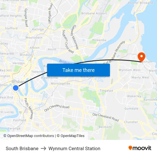 South Brisbane to Wynnum Central Station map