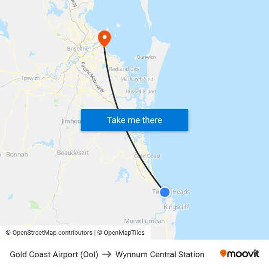 Gold Coast Airport (Ool) to Wynnum Central Station map