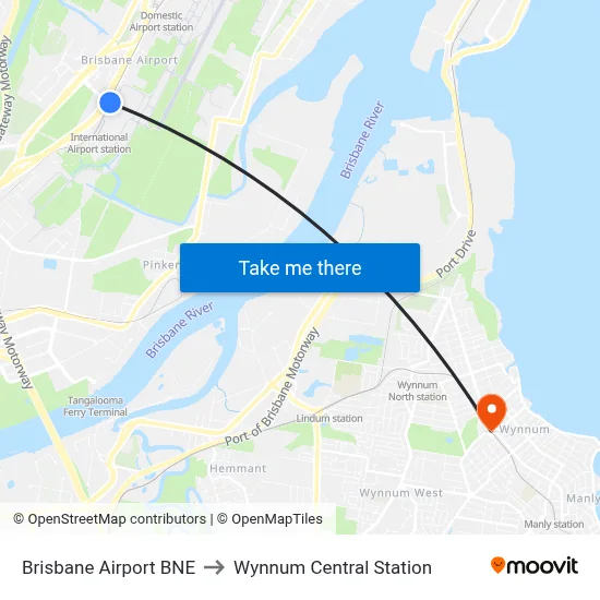 Brisbane Airport BNE to Wynnum Central Station map