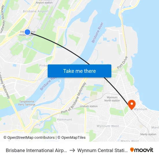 Brisbane International Airport to Wynnum Central Station map