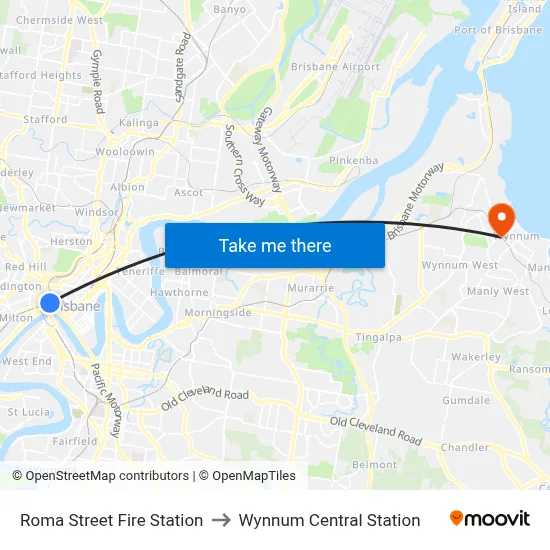 Roma Street Fire Station to Wynnum Central Station map