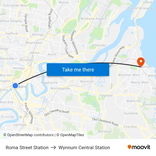 Roma Street Station to Wynnum Central Station map