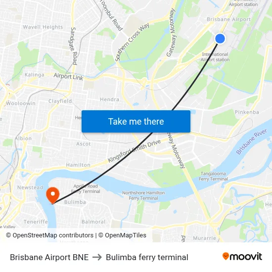 Brisbane Airport BNE to Bulimba ferry terminal map