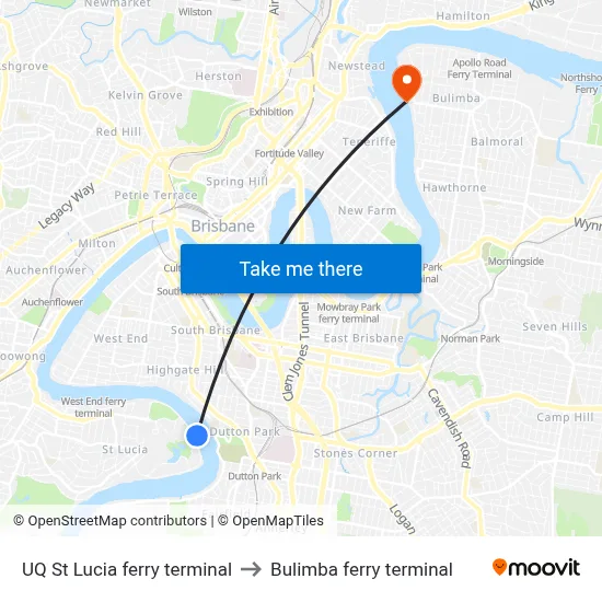 UQ St Lucia ferry terminal to Bulimba ferry terminal map