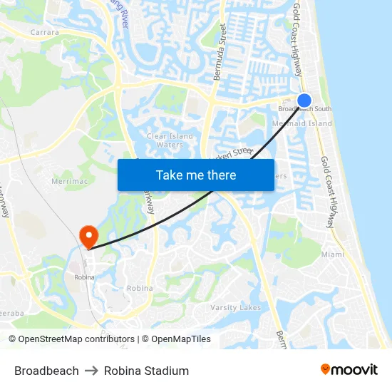 Broadbeach to Robina Stadium map